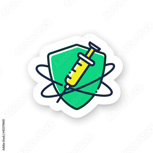 Immunization sticker icon. Vaccination. Immune system badge for designs. Immunology. Body defence system. Health, immunity, disease prevention vector emblem
