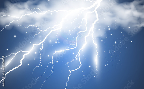 Vector image of realistic lightning. Flash of thunder on a transparent background. 