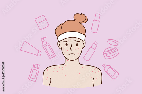 Skin problems and skincare concept. Face of young stressed sad teen boy standing with naked shoulders having red acne or pimples vector illustration