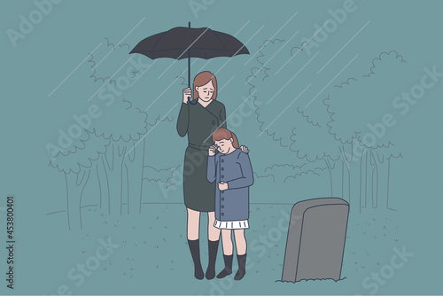 Family grief and loss concept. Sad crying mother and daughter standing on cemetery near fathers grave feeling depressed and broken with loss vector illustration