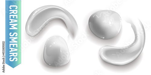 Set of realistic cosmetic cream smears. Skincare product of different body colors. Lotion smooth smear isolated vector texture on white background.