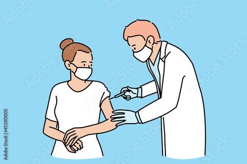 Vaccination during COVID-19 pandemic concept. Young man doctor in medical protective mask making injection vaccination for woman patient during coronavirus epidemic vector illustration