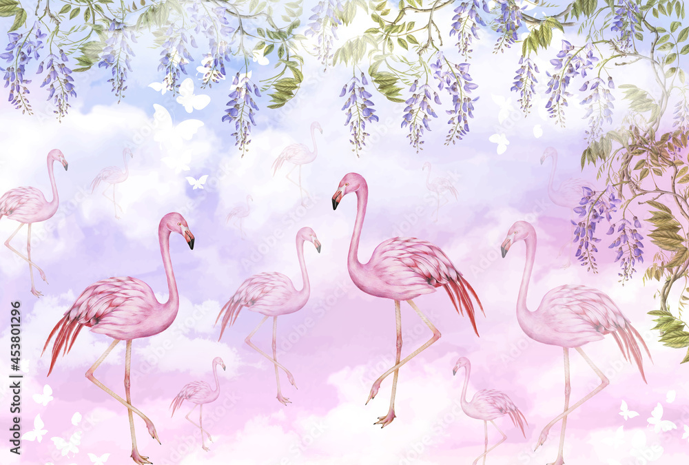 Fototapeta premium Mural for the walls. Photo wallpaper with flamingos. Tropical pattern with pink flamingos.