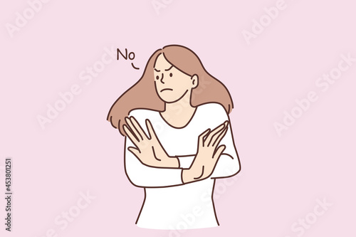 Refusal, denying and forbidding concept. Young displeased woman cartoon character standing crossing hands and showing refuse with no word vector illustration 