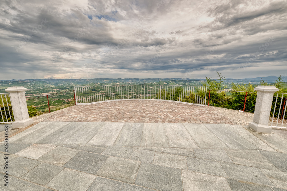 The famous panoramic viewpoint of La Morra, over the vineyards. Is a typical village in the hilly region of Langhe (Piedmont, Northern Italy), UNESCO site since 2014.