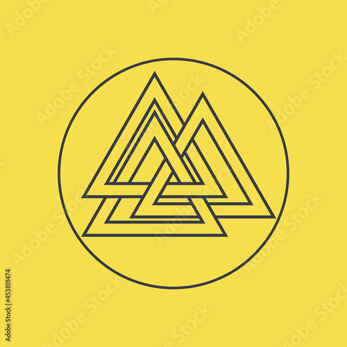 Valknut sign. Scandinavian amulet, symbol god Odin. Line art. Esoteric, sacred geometry, witchcraft. Vector illustration on a yellow background with dark blue lines