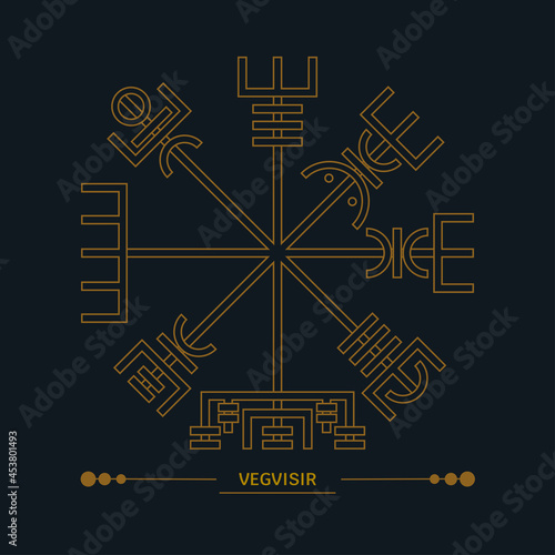 Vegvisir symbol, runic compass. Icelandic magical staves. Nordic Viking compass. Line art, art deco color. Esoteric, witchcraft.  Vector golden illustration isolated on black background photo