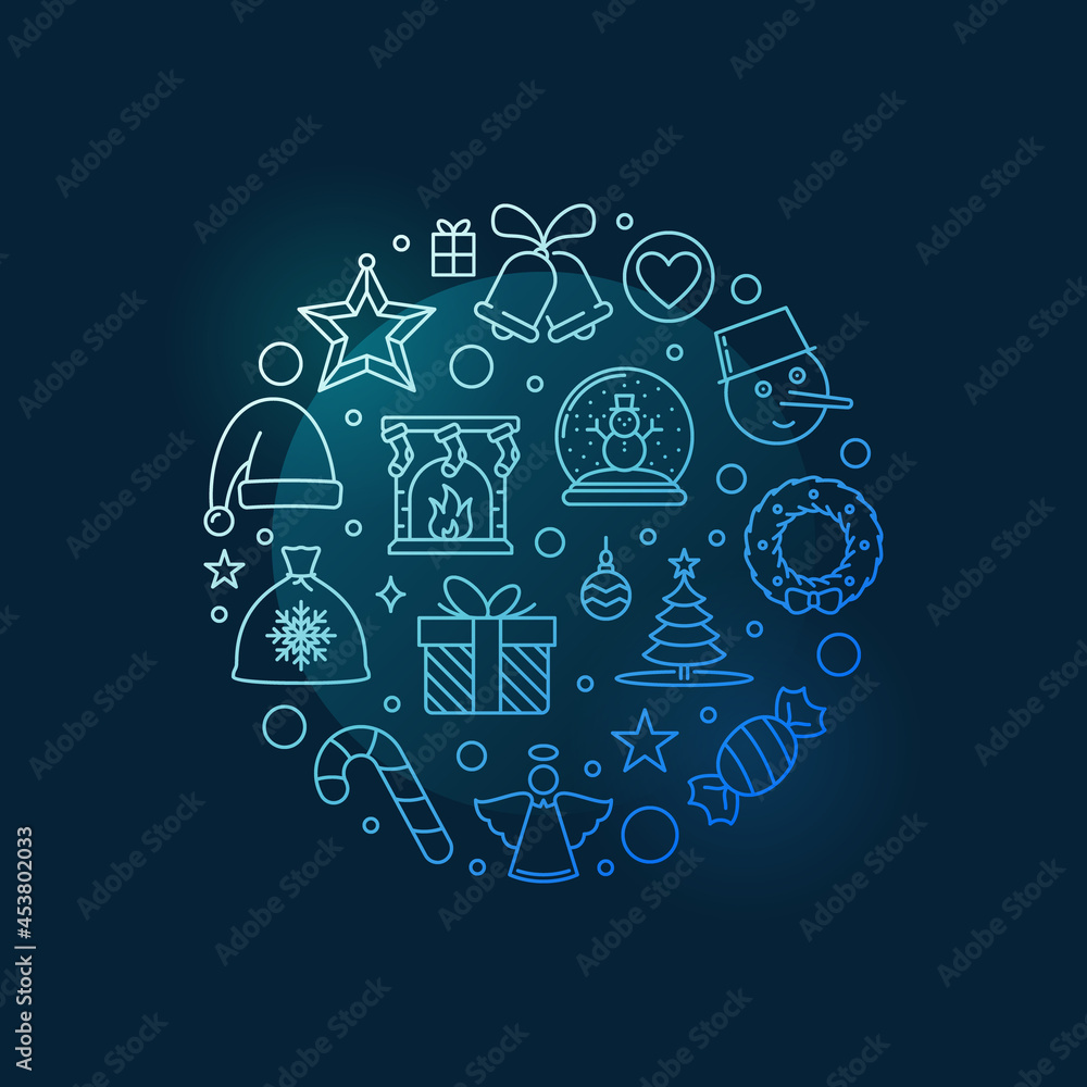 Happy New Year or Christmas circular vector line blue illustration Happy New Year or Christmas circular vector line blue illustration