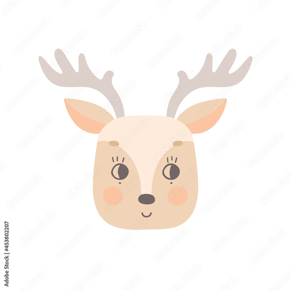 The face of a cute deer with open eyes. The head of a funny animal. Vector illustration for the design of baby clothes, nursery and posters The face of a cute deer with open eyes. The head of a funny animal. Vector illustration for the design of baby clothes, nursery and posters