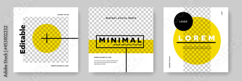 Minimalist social media with yellow and black accent, instagram and facebook templates, business graphic layouts for company promotion	

