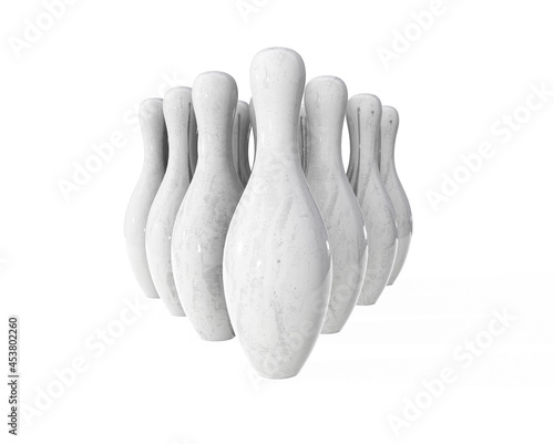Blank white bowling ball and ten pins making strike mockup, motion blur and depth of field, 3d rendering Fototapet