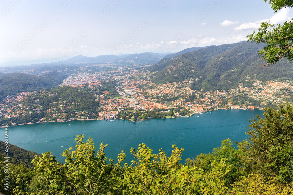 View of Lake Como and the city of Como from the observation deck in Brunate. View of Como from above. Card. Poster. Photo