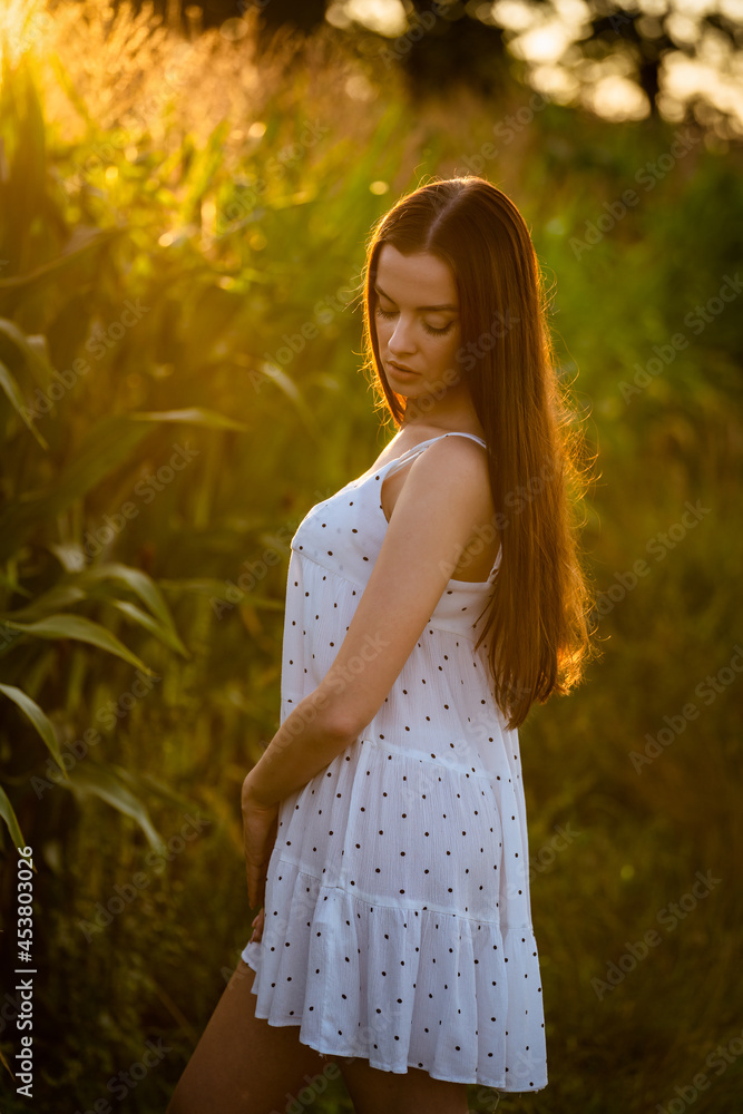 Young beautiful woman in white dress in corn field. Young beautiful woman in white dress in corn field.