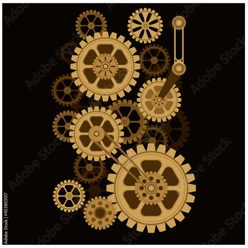 Vector background in the steampunk style of gears and mechanisms on a black background.