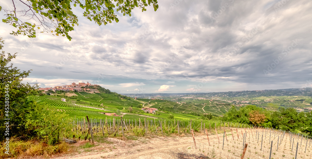The vineyards of Langhe (Piedmont, Northern Italy), seen from the viewpoint of the village of La Morra. UNESCO site since 2014, world famous for its valuable red wines (like Barolo and Barbaresco).