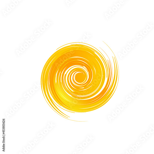 Spiral  swirl  sun logo.Paint brush texture symbol isolated on light fund.Bright yellow circle icon.Celebration  bright light shape.Playful sign concept.Artistic style vector illustration. 