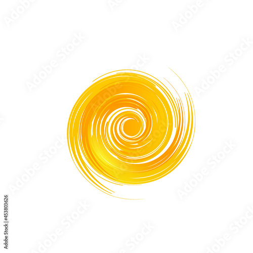 Spiral, swirl, sun logo.Paint brush texture symbol isolated on light fund.Bright yellow circle icon.Celebration, bright light shape.Playful sign concept.Artistic style vector illustration.	