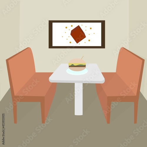interior of a diner with a burger on the table. Vector illustration of the design of the cafe, burger shop