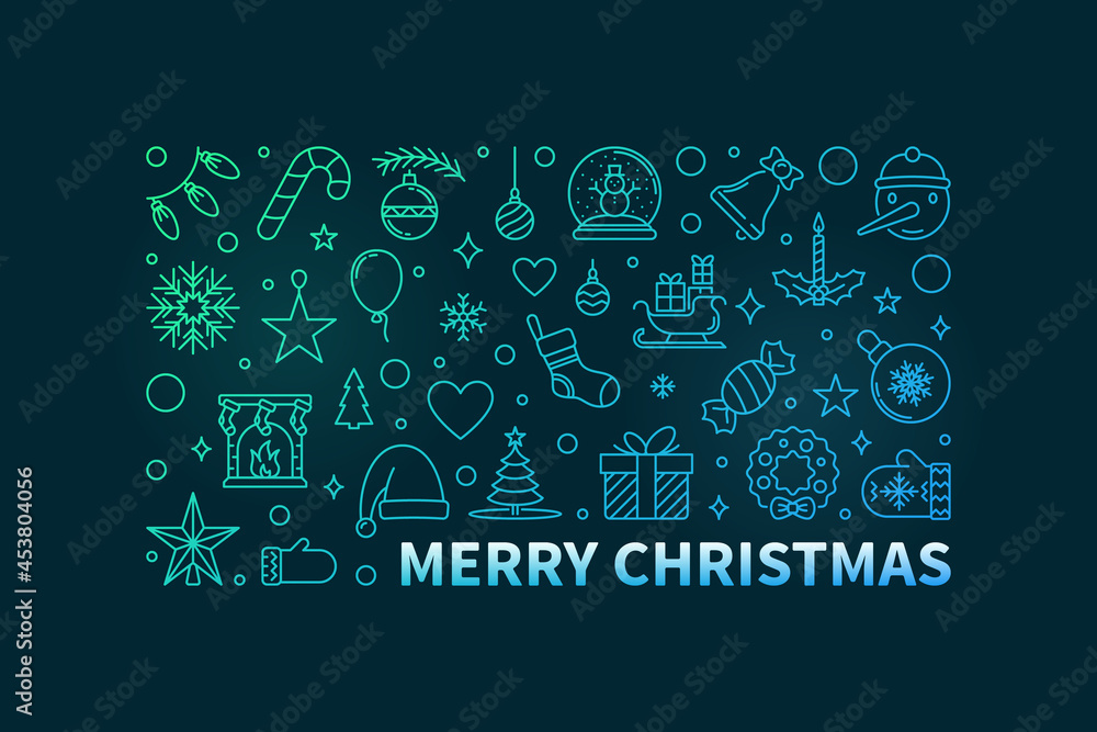 Merry Christmas Greeting Card with colorful thin line design