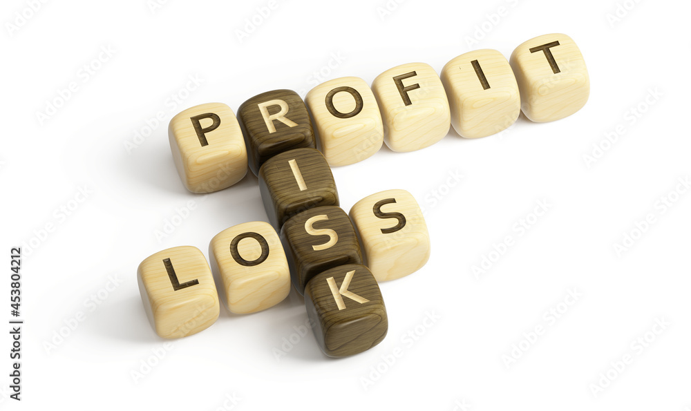Profit, Loss and Risk concept. Profit, Loss, Risk wooden cubes crossword - 3d rendering Profit, Loss and Risk concept. Profit, Loss, Risk wooden cubes crossword - 3d rendering