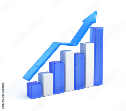 Statistic  growth concept. Bar chart and arrow isolated on white background - 3d rendering