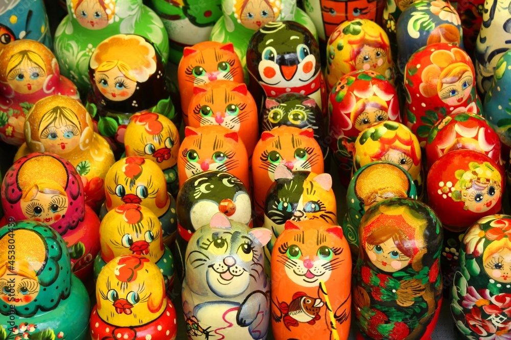 Very beautiful Novgorod nesting dolls from Russia with the faces of seals, birds, people.