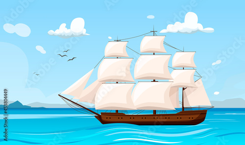 Sailing ship is traveling in sea with waves. Horizon with mountains  seagulls and clouds in the background. Concept of trip on seacraft. Vector graphic illustration