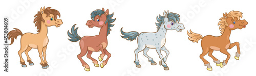 Set of four little funny horses in different poses and colors. Banner in cartoon style. Isolated on white background. Vector illustration.