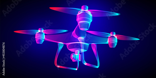 Flying drone with an aerial photo or action video camera. Outline vector Quadrocopter wireframe in a fluorescent neon line art style. 3D abstract illustration on a dark blue background