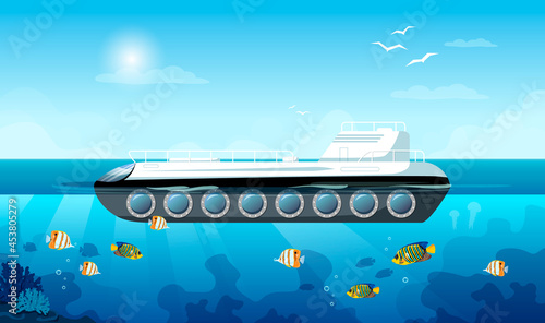 Seascope with window to watch undersea life with corals and fish. Horizon with clouds, sun and seagulls in the background. Concept of sea exploration. Vector graphic illustration