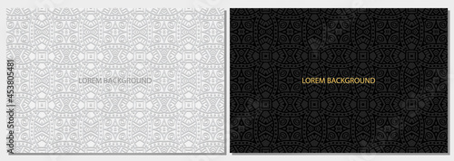 Creative black and white banners, cover design set, horizontal vector templates. Geometric volumetric convex ethnic 3D pattern. Unique oriental, Indonesian, Mexican, Aztec motives.