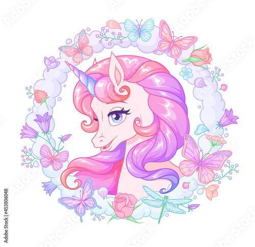 Cute pink unicorn framed with flowers and butterflies. Isolated vector illustration.