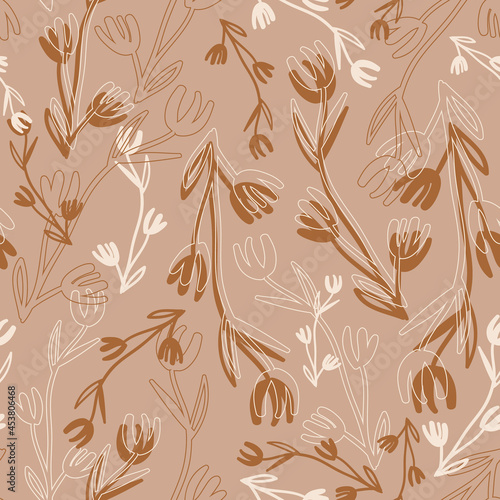 Vector drawn beige brown floral seamless pattern