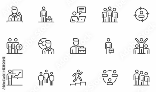 Set of Vector Line Icons Related to Business People. Business Communication, Office Management, Team Work. Editable Stroke. 48x48 Pixel Perfect.