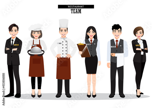 Group of hotel restaurant team. Catering service characters standing together in uniform. Food service staff website banner.