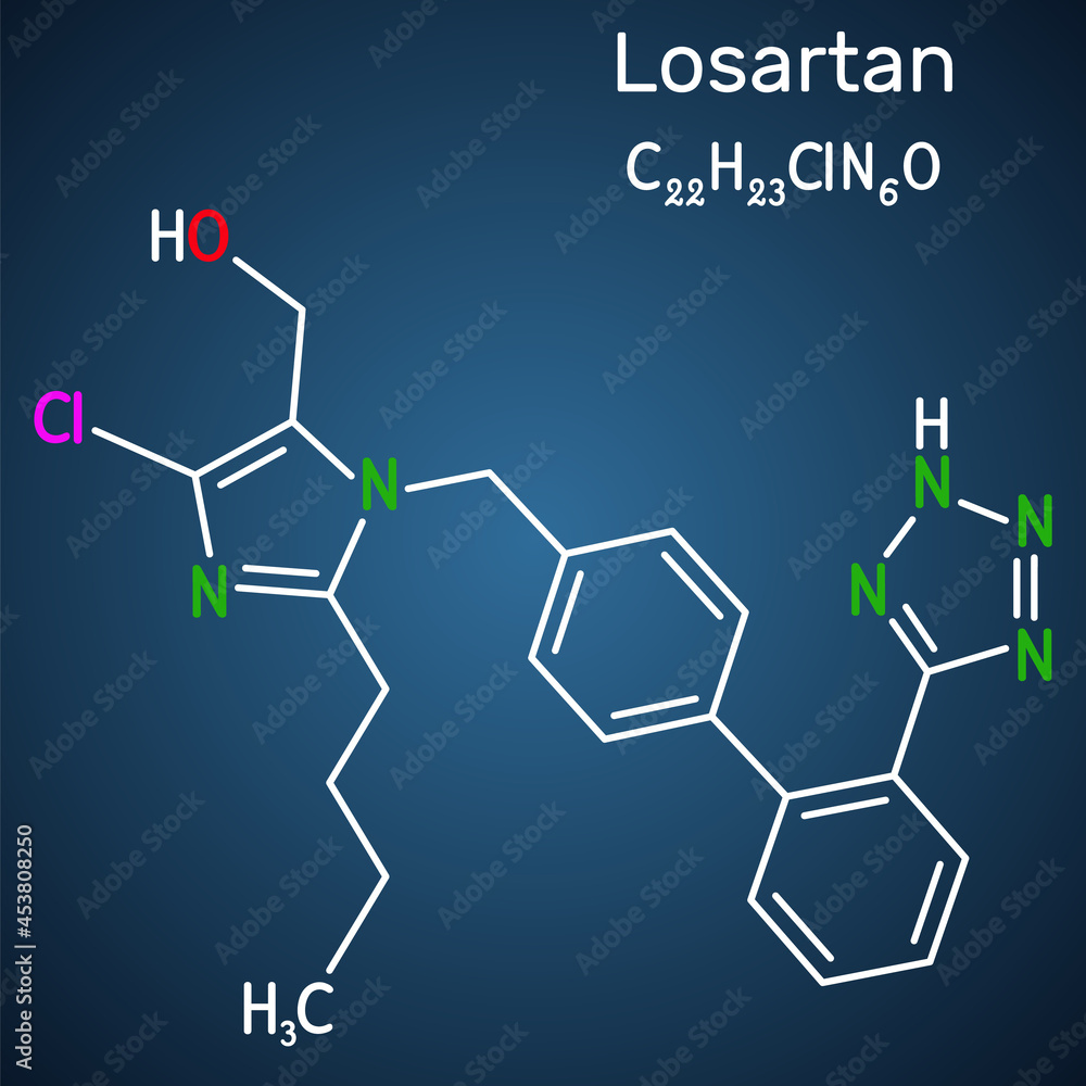 Losartan molecule. It is drug, used to treat hypertension, diabetic kidney disease, heart failure. Structural chemical formula on the dark blue background Losartan molecule. It is drug, used to treat hypertension, diabetic kidney disease, heart failure. Structural chemical formula on the dark blue background
