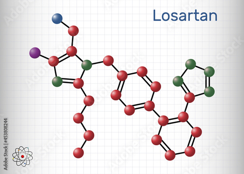 Losartan molecule. It is drug, used to treat hypertension, diabetic kidney disease, heart failure. Sheet of paper in a cage