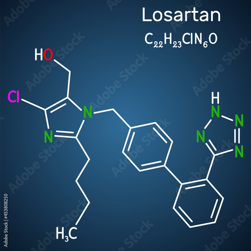 Losartan molecule. It is drug, used to treat hypertension, diabetic kidney disease, heart failure. Structural chemical formula on the dark blue background