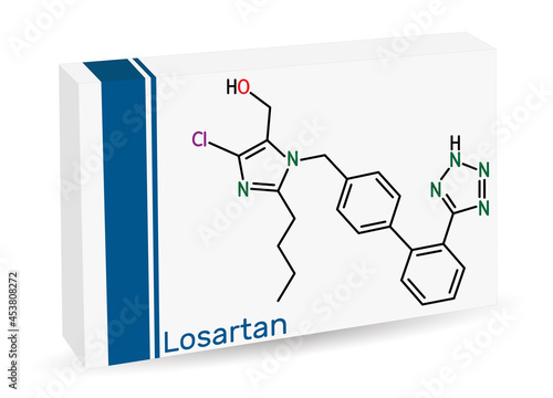 Losartan molecule. It is drug, used to treat hypertension, diabetic kidney disease, heart failure. Skeletal chemical formula. Paper packaging for drugs