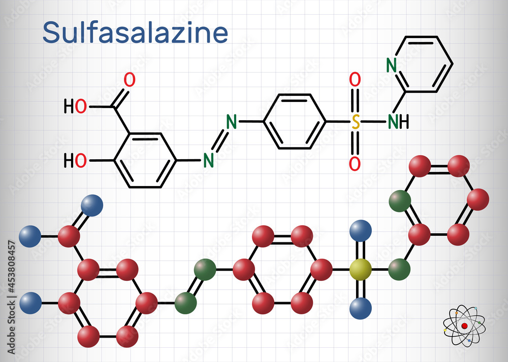 Sulfasalazine molecule. It is azobenzene, used in the management of inflammatory bowel diseases. Structural chemical formula and molecule model. Sheet of paper in a cage Sulfasalazine molecule. It is azobenzene, used in the management of inflammatory bowel diseases. Structural chemical formula and molecule model. Sheet of paper in a cage