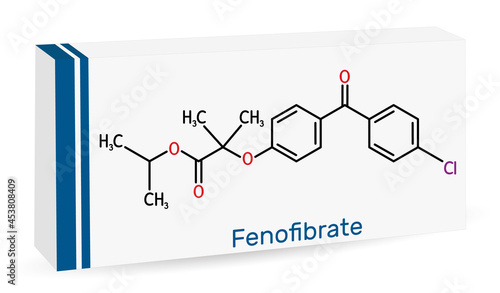 Fenofibrate molecule. It is drug, used to lower cholesterol levels in patients at risk of cardiovascular disease. Skeletal chemical formula. Paper packaging for drugs photo