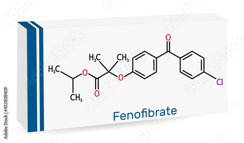 Fenofibrate molecule. It is drug, used to lower cholesterol levels in patients at risk of cardiovascular disease. Skeletal chemical formula. Paper packaging for drugs