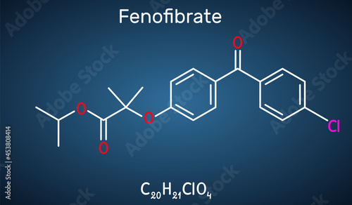 Fenofibrate molecule. It is drug, used to lower cholesterol levels in patients at risk of cardiovascular disease. Structural chemical formula on the dark blue background