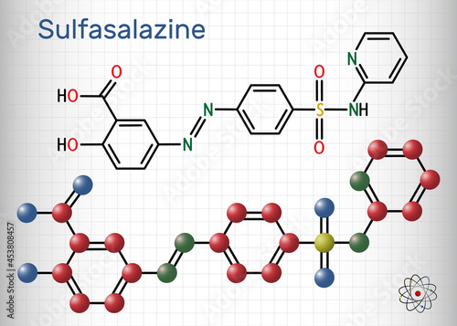 Sulfasalazine molecule. It is azobenzene, used in the management of inflammatory bowel diseases. Structural chemical formula and molecule model. Sheet of paper in a cage