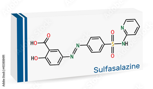 Sulfasalazine molecule. It is azobenzene, used in the management of inflammatory bowel diseases. Skeletal chemical formula. Paper packaging for drugs