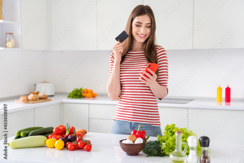 Photo of happy brunette young nice woman wear casual outfit hold phone credit card indoors inside kitchen Photo of happy brunette young nice woman wear casual outfit hold phone credit card indoors inside kitchen