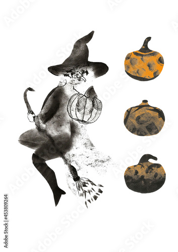 Halloween set with a silhouette of a witch and pumpkins in the technique of screen printing on a white background