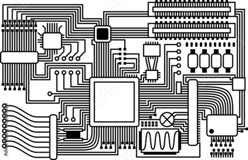 microchip printed circuit board black white illustration