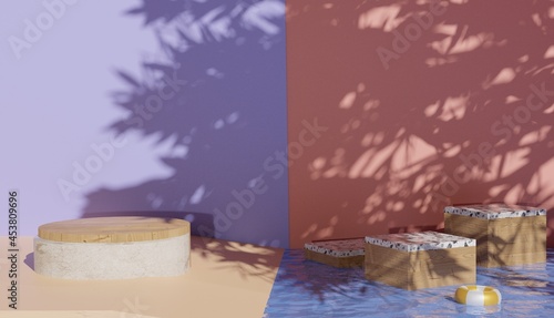 3d background showing marble podium view and clear water with shadow, premium photo
