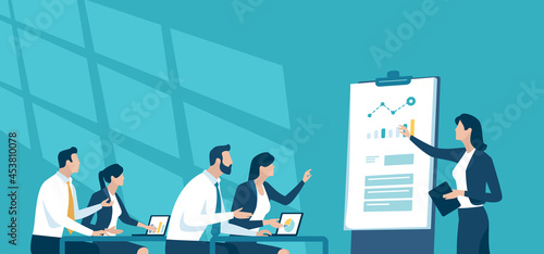 School, education, learning. Business illustration. The business team listens to the teacher. 
